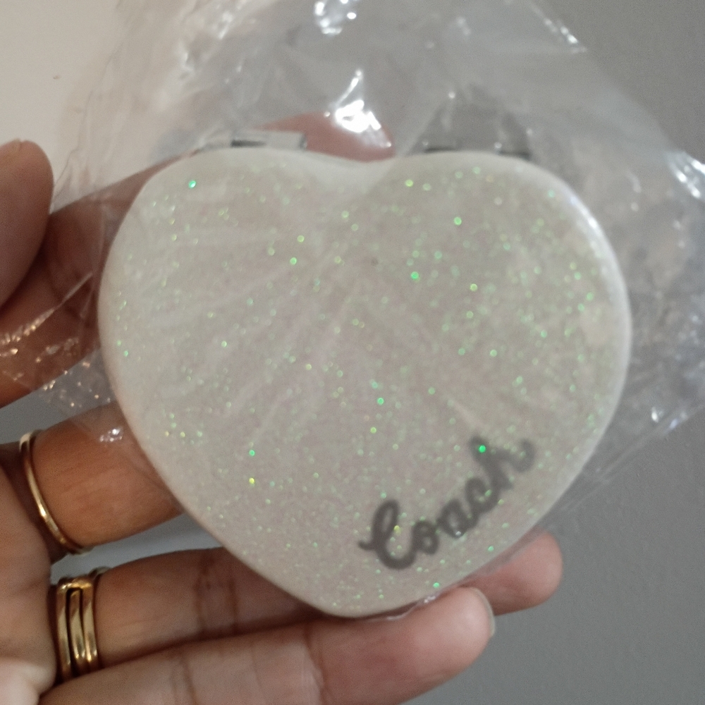 Coach, NIP, Women's, Compact Glitter Heart Mirror, Color White - Picture 3 of 9